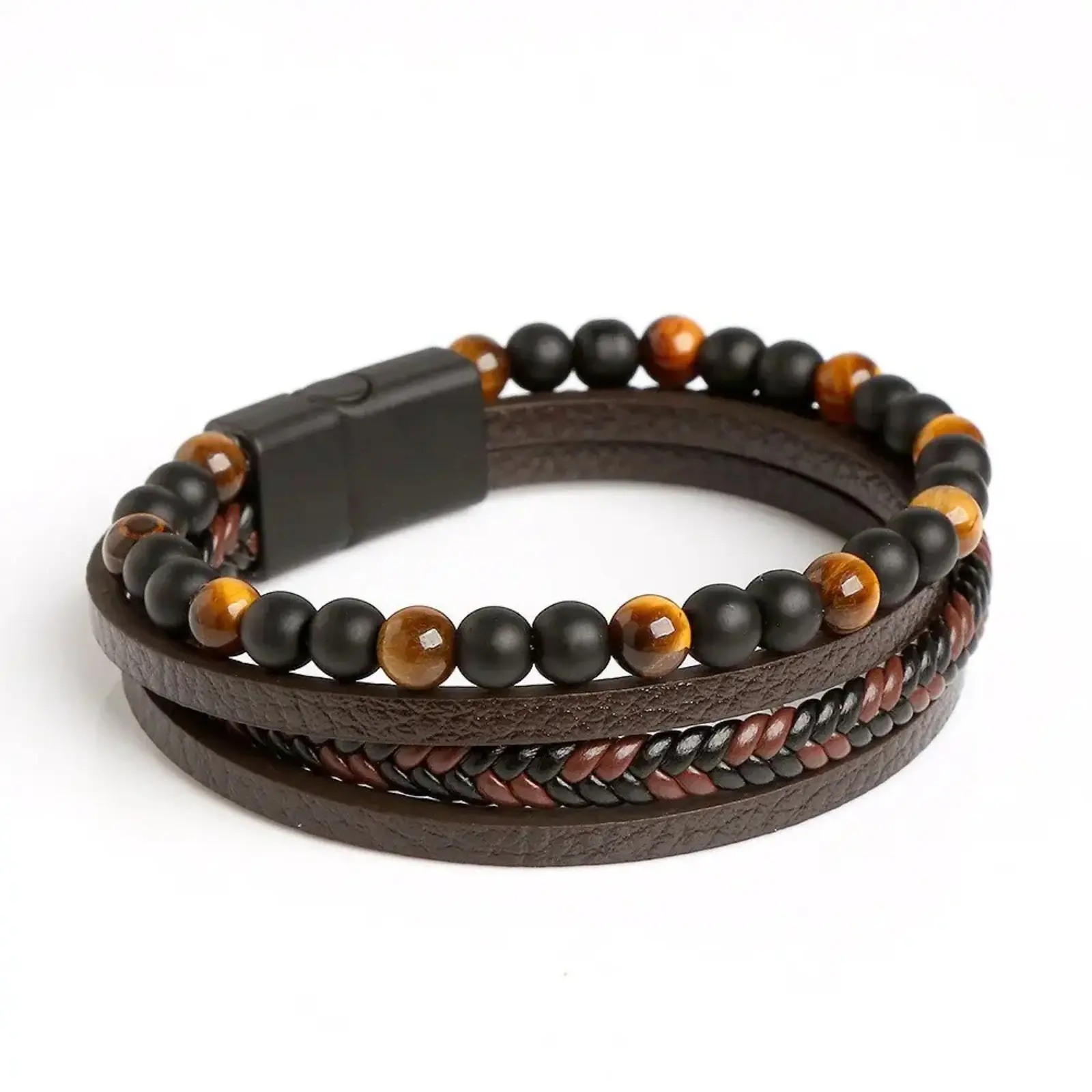 3-Pack Men's Leather Cuff, Multi-Layer Wrap Design with Lava Stone & Lapis Lazuli Beads, Outdoor Sports Accessory Set
