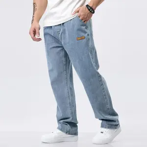 Men's Drawstring Elastic Waist Jeans, Washed Vintage Straight Leg Plain Denim Jeans, Comfortable Fitted Style, Casual Daily Wear
