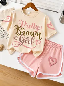 Girls' 2-Piece Summer Casual Suit Set - Crewneck T-Shirt with Cartoon Letter Print, Elastic-Waist Shorts for Teens