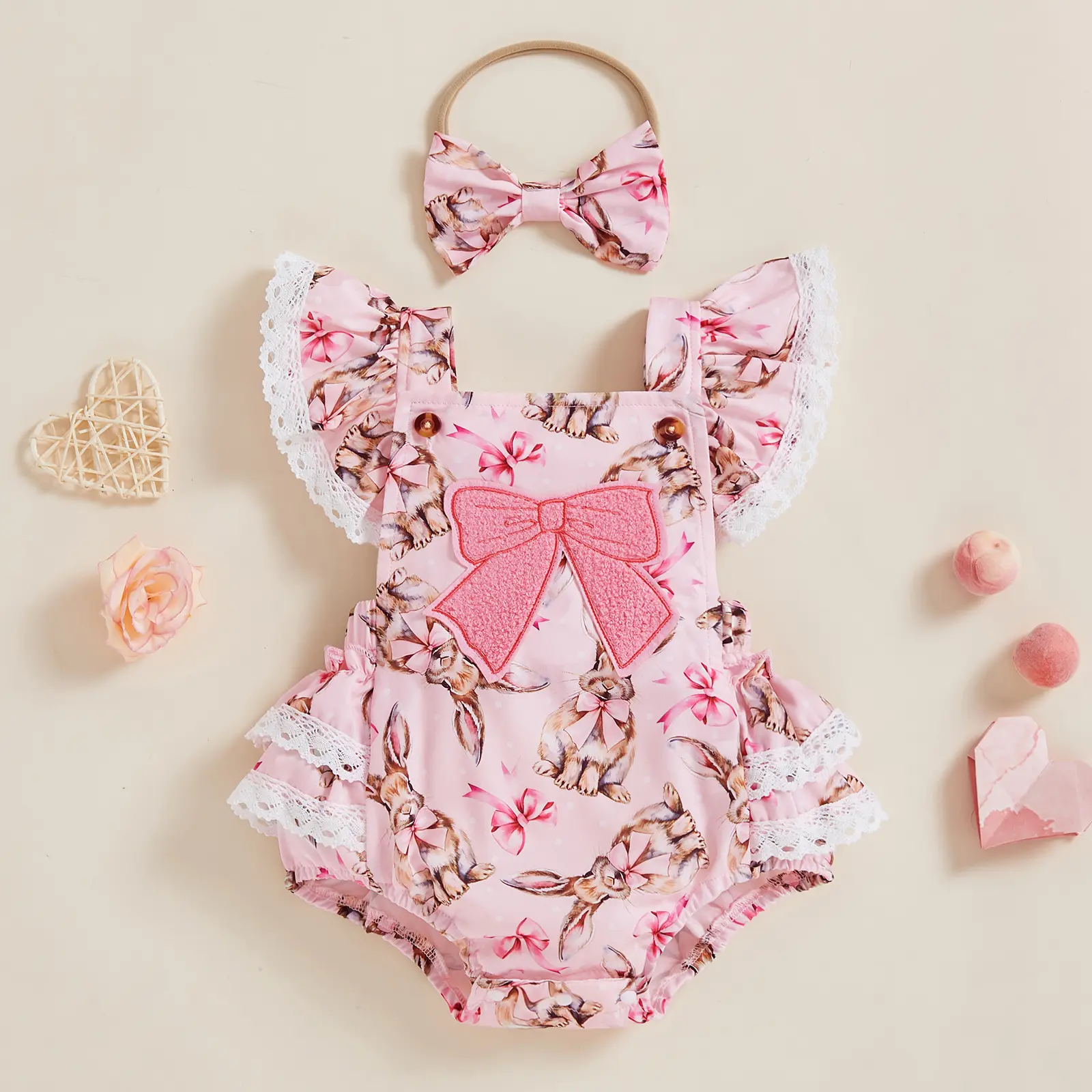 Infant Baby Girls Easter Outfits Bow Embroidery Bunny Print Lace Trim Flying Sleeve Spring Romper with Headband Set 0-18 Months