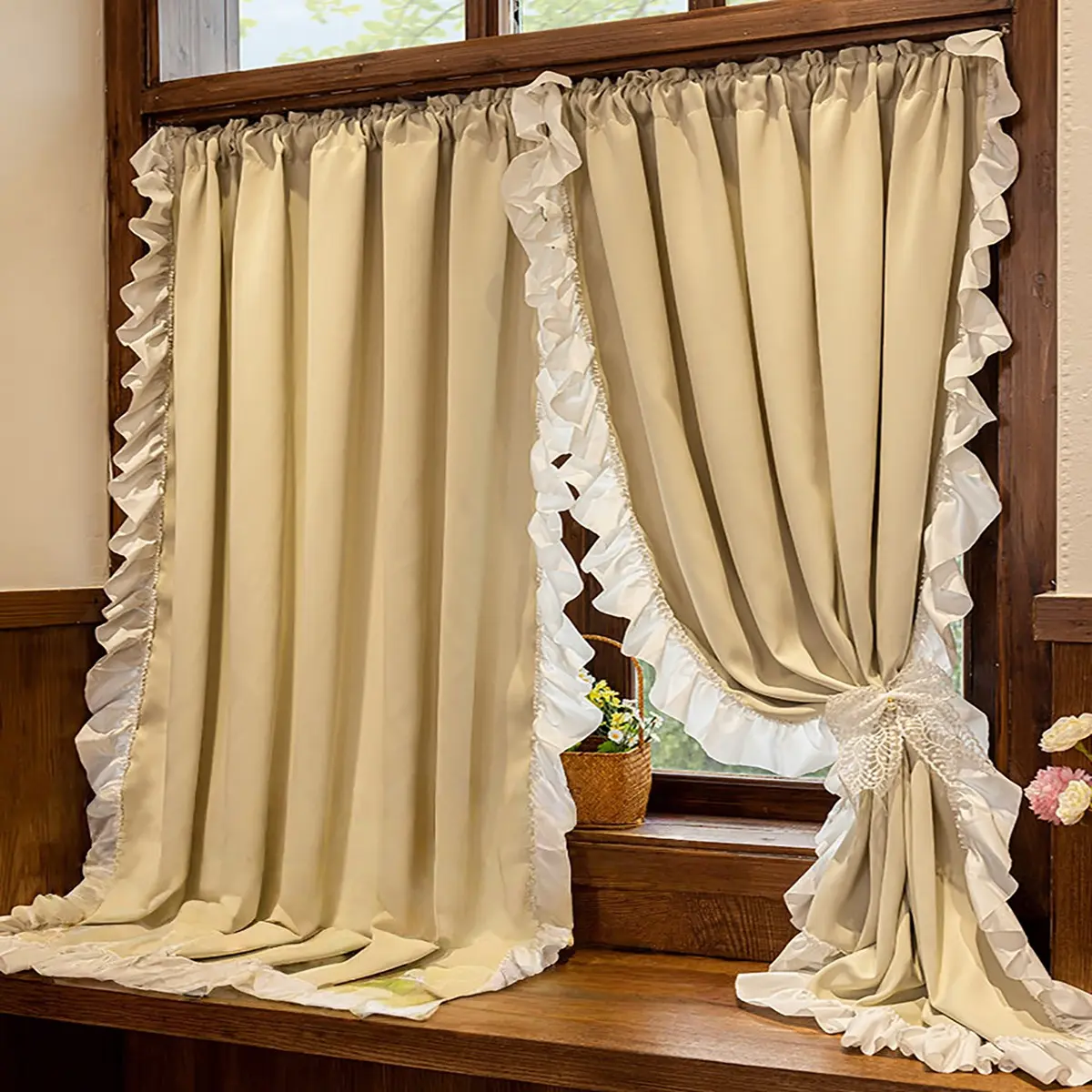 1pc, French Lace Light Blocking Curtain, Bedroom Bay Window Rod Pocket Cream Color Finished Drapes, 1pc Ready-To-Use Curtains, Blackout Window Cover