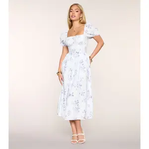 Day Date Floral Print Puff Sleeve Midi Dress