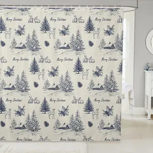 Navy Blue Christmas Bathroom Shower Curtain Sets,Winter Village Shower Curtain,Christmas Tree Reindeer Pattern Waterproof Bathroom Curtains