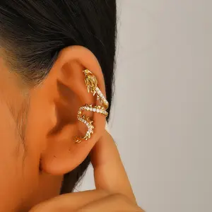 Gold Tone Crystal-Encrusted Dragon Ear Cuff, No-Piercing Swirling Dragon Wrap with Clear Crystals, Single Piece Ear Cuff for Mythical & Bold Styling