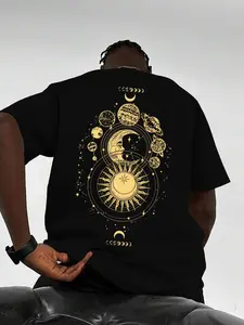 Men's Star Moon Graphic Crew Neck Knit T-Shirt, Loose Comfortable Fit for Casual Streetwear Style, Perfect for Daily Wear & Summer Activities