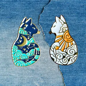Dreamy NightScape And DayTime Kitty Enamel Pins - Pair