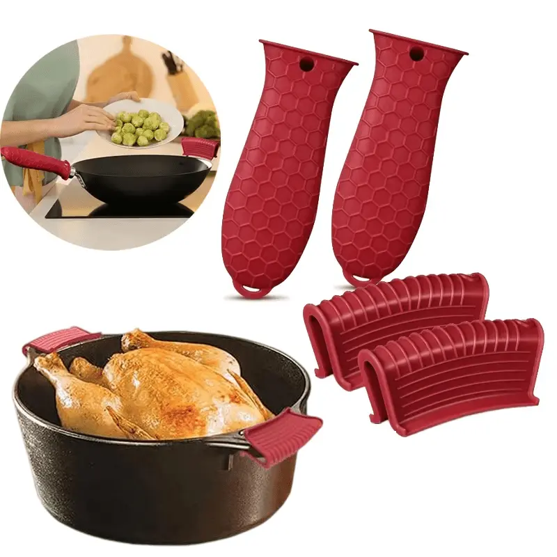 4 Pack Silicone Pot Holders Set Cast Iron Handle Cover Heat Resistant Pot Handle Covers Potholder Non Slip Reusable Pan Sleeve for Frying Pan Kitchen Supplies