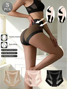 QUASTI 3 Pieces Mid-Rise Sexy Mesh Splicing Contrast Women's Thongs, Smooth Translucent  Comfortable Sweet Sexy Confidence Womenswear Briefs, Mix Colors Hip Lifting High elasticity Basic Fit Ladies Briefs Panties, S-XXL