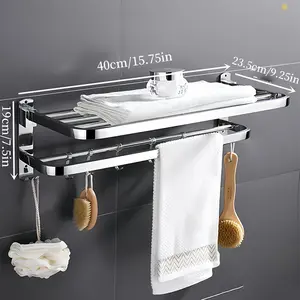 Stainless Steel Bathroom Towel Rack, Foldable Shower Room Towel Bar with Hooks, Bathroom Wall Mounted Shower Storage Rack for Bathroom, Kitchen, Hotel Bathroom Storage Rack (Silvery), Towel Racks