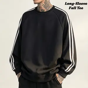 Men's Striped Raglan Sleeve Sweatshirt, Vintage Casual Crewneck Pullover, Streetwear Loose-Fit Long-Sleeve Top, Autumn and Winter Comfortable Breathable Daily Wear Sporty Jumper