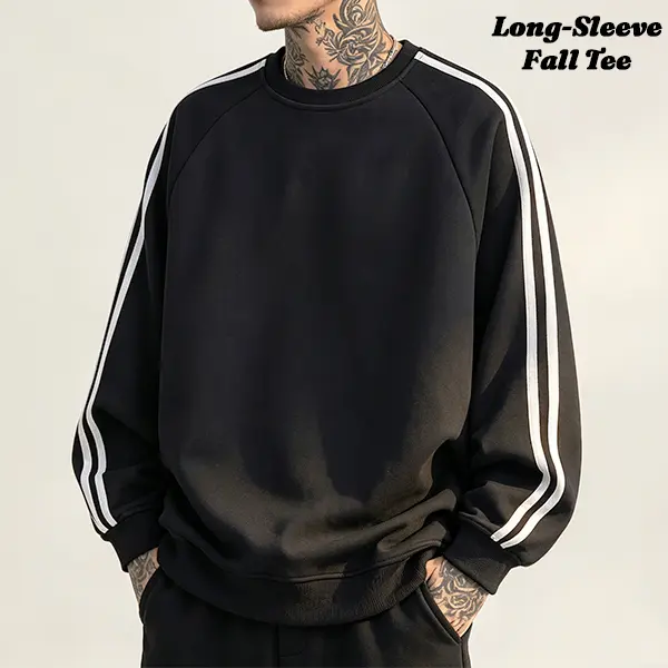 Men's Athletic Sweatshirt, Vintage Striped Crewneck Pullover, Soft Fabric Long Sleeve Top for Casual Layering, Layer, Menswear, Retro, Ribbed, Longsleeves, Round Neck, Men's Clothing, Crewneck Sweatshirt
