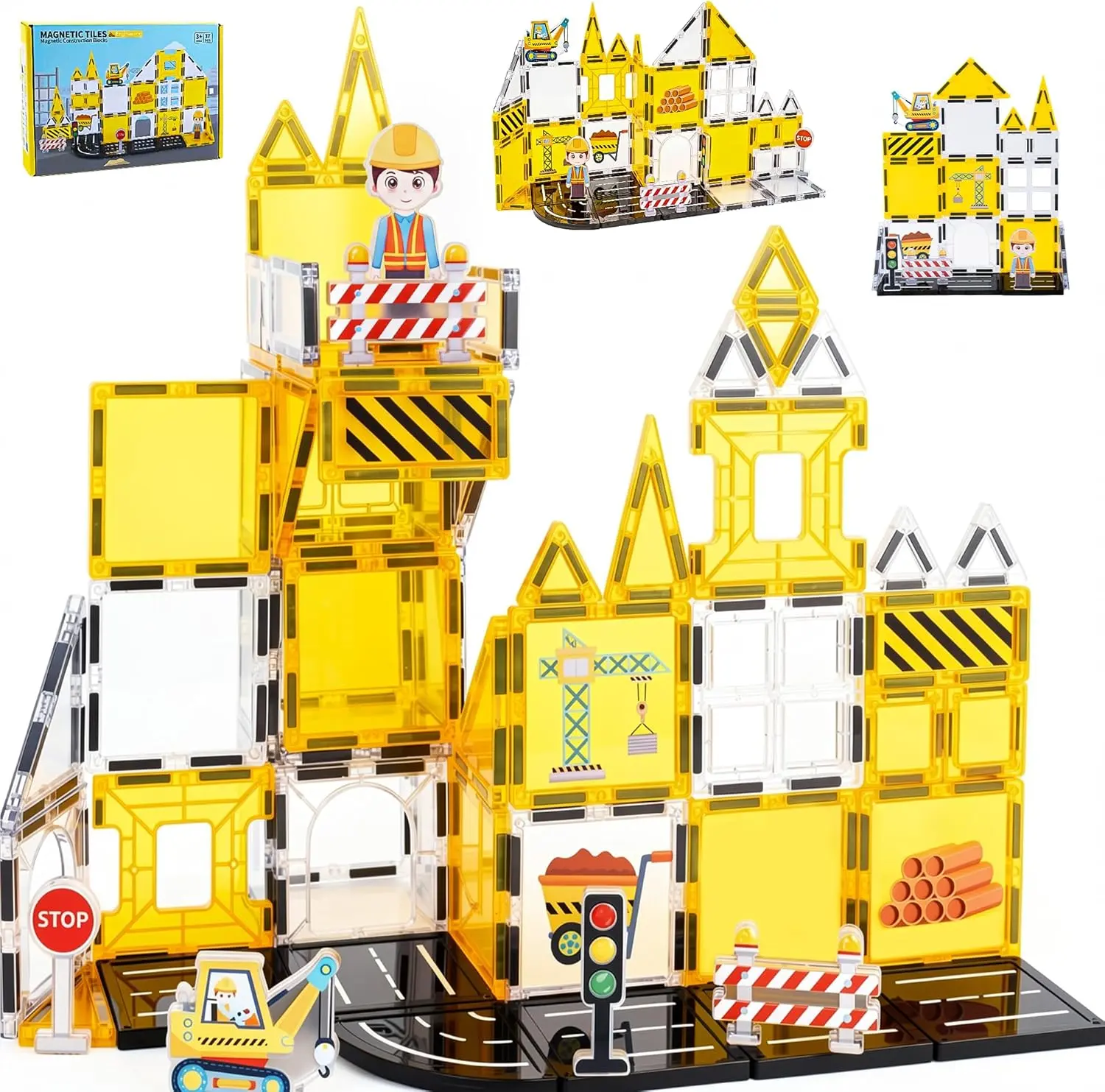 [Including Gift wall climbing car option] 2026 Magnetic Tile Building Blocks for kids Construction Magnetic Tiles, with Fire Truck and Station, Building, Road, Crane and Car Toys - Educational Travel Magnetic Tiles suitable for children aged 3-8