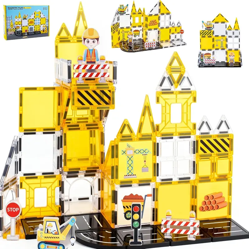 [Including Gift wall climbing car option] 2026 Magnetic Tile Building Blocks for kids Construction Magnetic Tiles, with Fire Truck and Station, Building, Road, Crane and Car Toys - Educational Travel Magnetic Tiles suitable for children aged 3-8