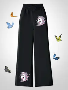 Girls' Casual Wide-Leg Pants - Cotton Blend, Pink & Blue Unicorn Print, Elastic Waist, Fantasy Cute Style, Lightweight Breathable, Spring/Summer Wear, Machine Washable