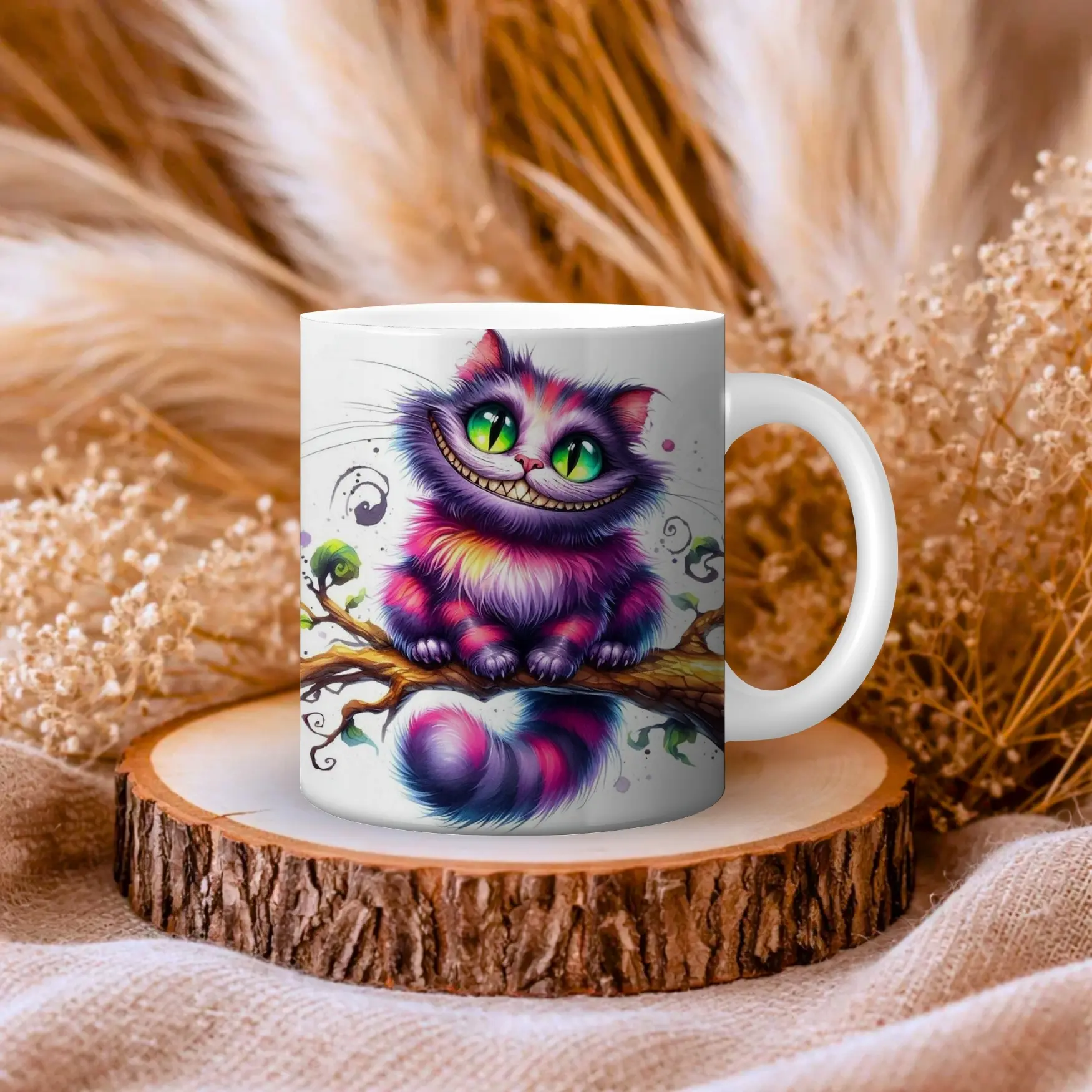 Cheshire Cat Mug - Colorful Design with Green Eyes and Purple Fur, Perfect for Coffee and Tea