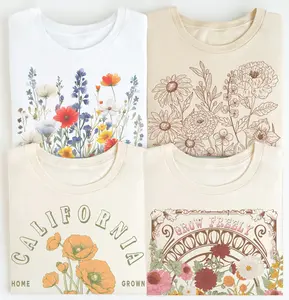 Vintage BOHO Tees Retro Floral Wildflower Tshirt Poppies Daisies Roses Top Grow Freely T-Shirt Spring Flower Womenswear Crewneck