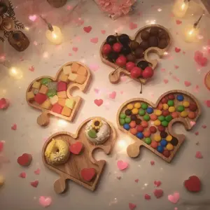 Valentine's Day Snack Platter Set, Four Heart Wooden Compartment Tray, Romantic Sharing Dish for Dates & Desserts, Atmosphere Enhancing Fruit Bowl, Salad Plates