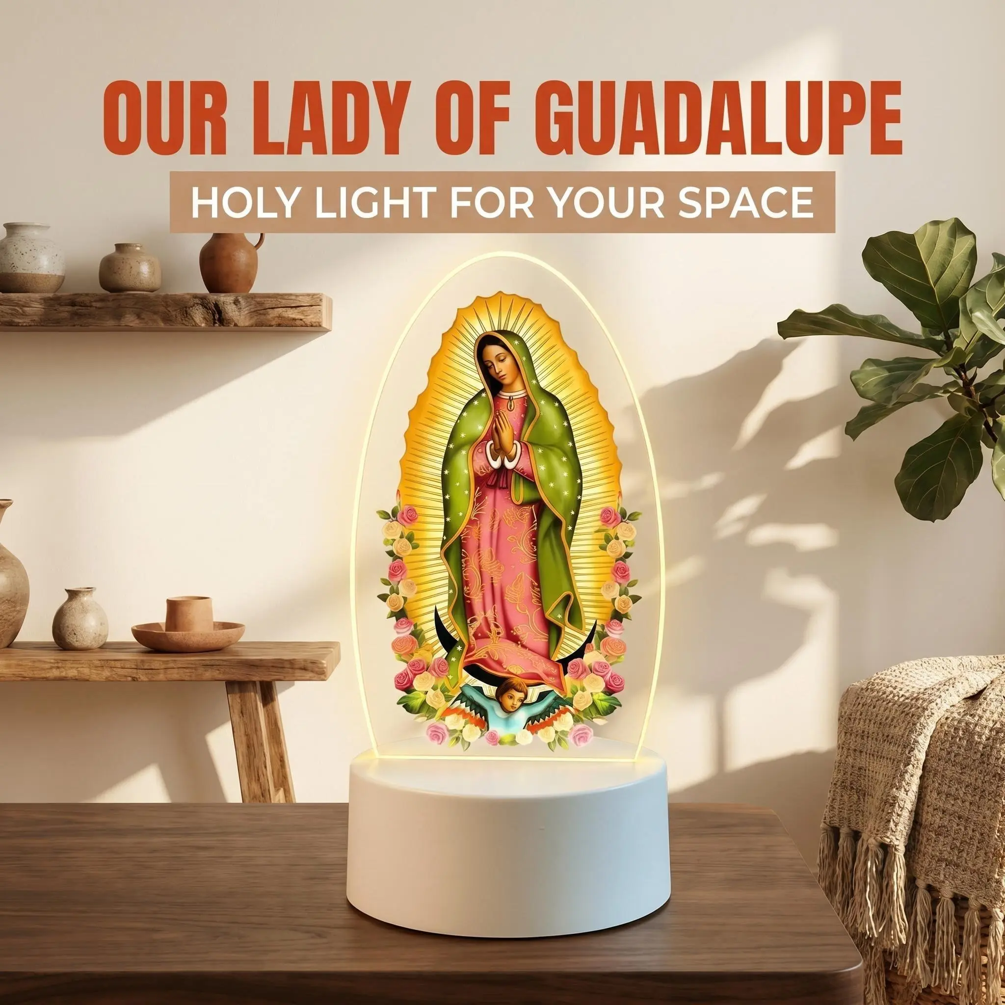 Sacred Our Lady of Guadalupe Prayer Lamp, 7-Color USB Warm Light Spiritual Decor, Home Religious Decoration, Baptism Essential, New Home Gift