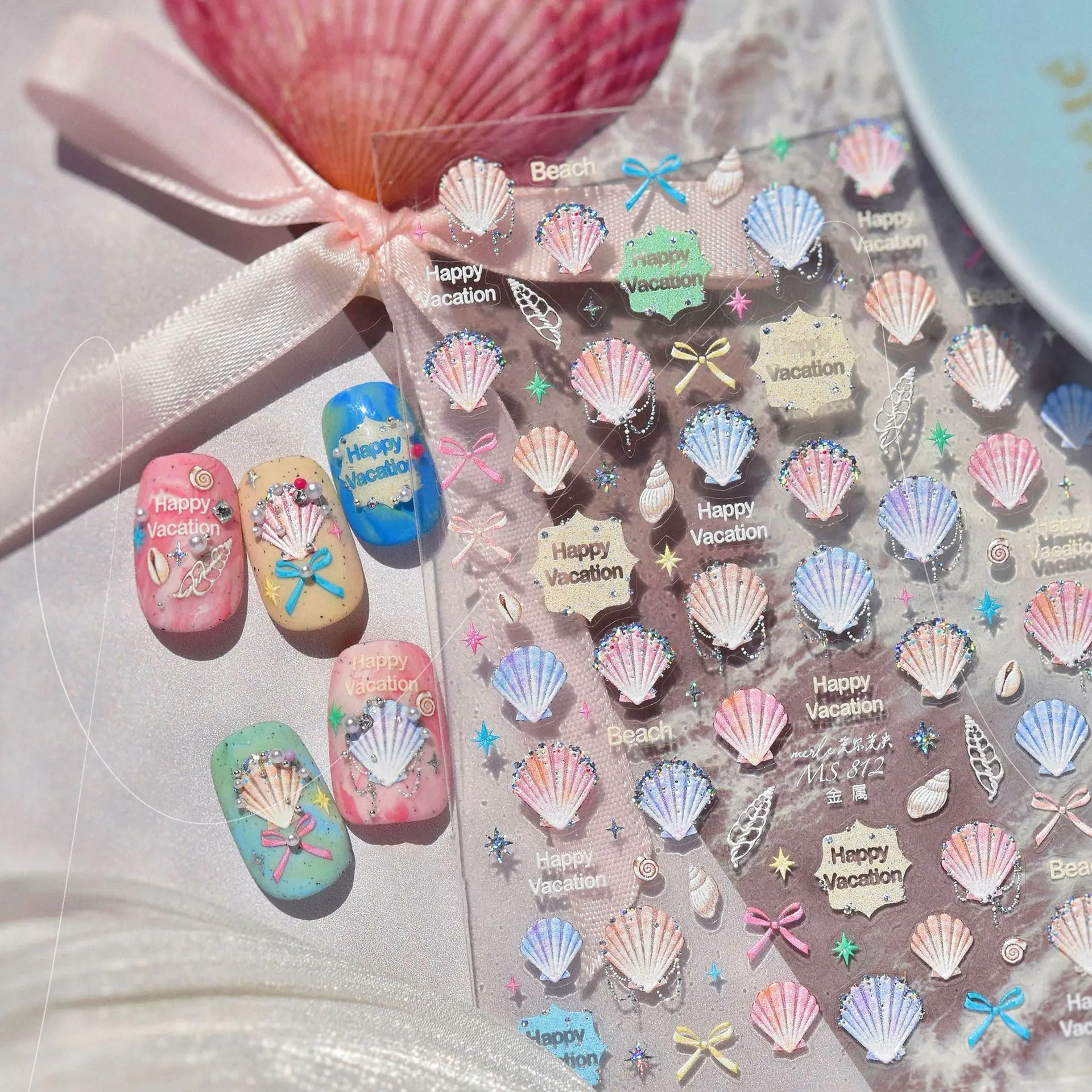 Mermaid Shell Nail Stickers, Pearl Ocean Nail Decals, Beach Vacation Nail Art Stickers, Seashell Summer Nails, 3D Iridescent Nail Design