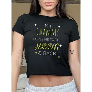 Women's Slim Fit Graphic Crop Top - 1pc "My Grammy Loves Me to The Moon And Back" Lettering Sleeveless Short Pullover, Casual Breathable Polyester Loungewear, Machine Washable, Mother's Day Gift, Streetwear for Leggings/Skinny Pants