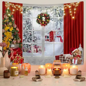Christmas Window Snow Scenery Pattern Wall Decoration Background Cloth, 1 Count Photography Party Background Decoration, Home Decor Supplies for Festival Party Holiday