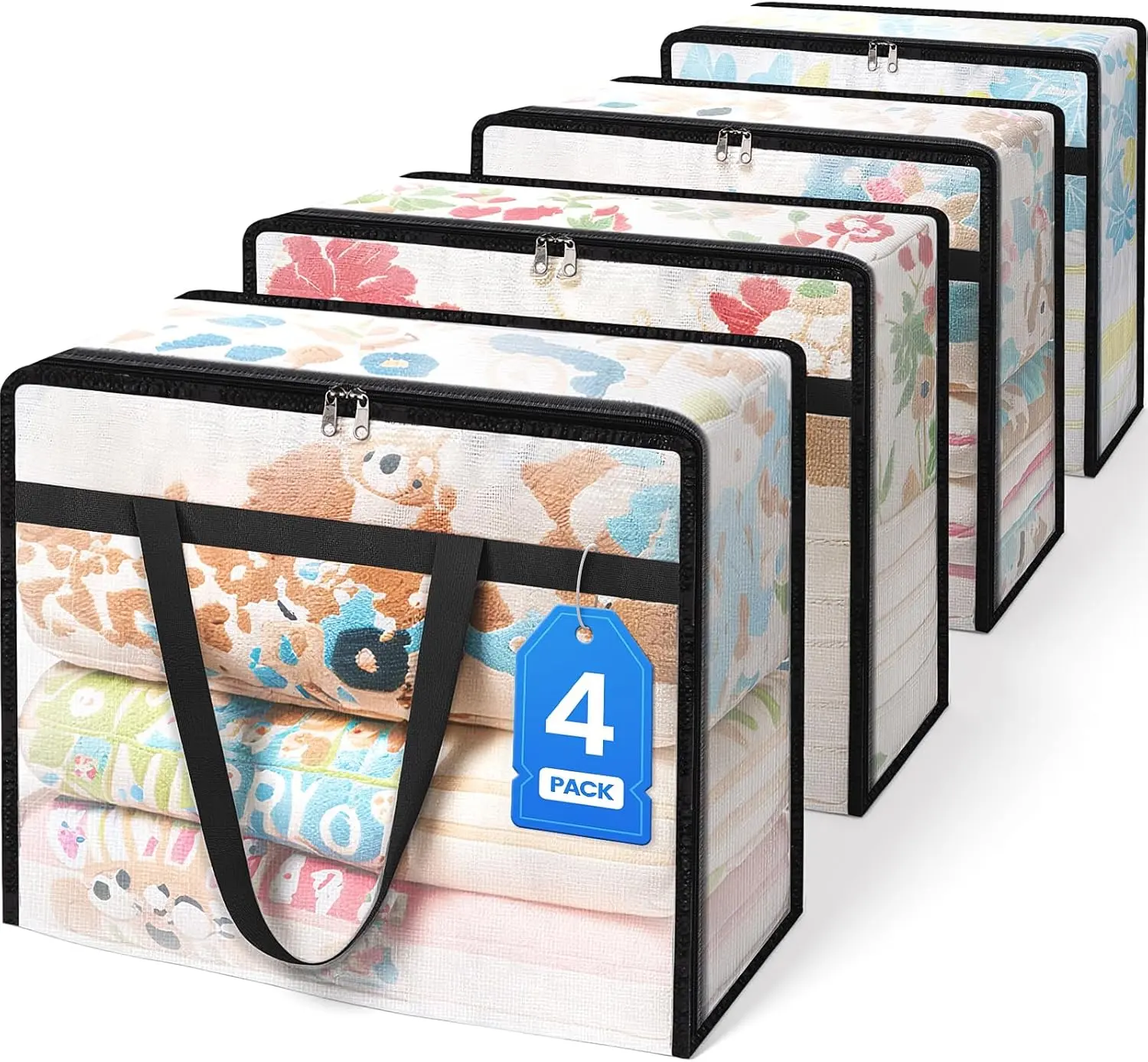 4 Pack Clear Clothes Storage Bags, 40L Plastic Blanket Storage Bag, Vinyl Foldable Moving Bags with Zipper, Closet Organizers and Storage Containers for Bedding, Duvet, Comforter