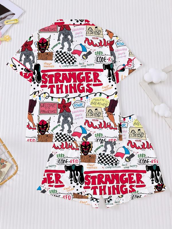 Stranger Things Kids Pajama Set, Cartoon Print Short Sleeves & Loose Fit Shorts, Casual Home Wear for Boys Girls