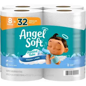 8 Mega Rolls Soft Toilet Paper with Fresh Linen Scented Tube 32 Regular Rolls