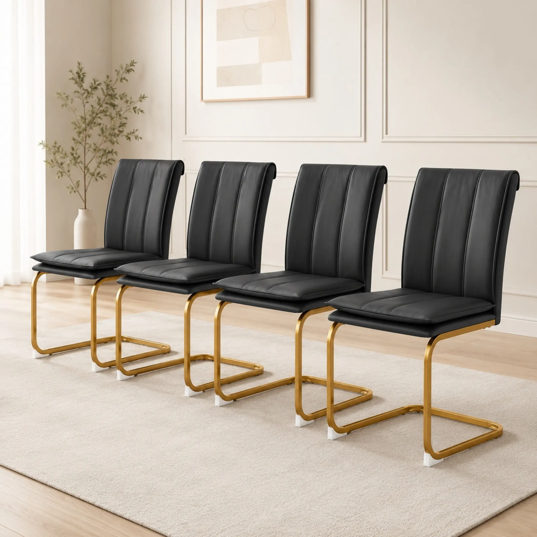 4-Piece Modern PU Leather Upholstered Dining Chairs Set - Curved High-Back Comfy Armchair, Metal Frame, Sturdy Indoor Furniture for Dining Room, Kitchen, Black, Chic, Back-Friendly, Comfiest Seating, Black Dining Chairs, Modern Dining Chairs