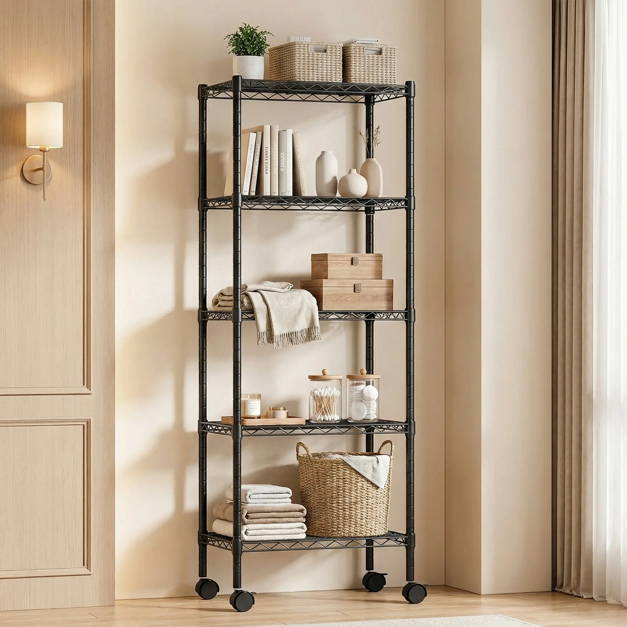 Heavy-Duty Metal Wire Shelving Unit – 3/4/5-Tier Options, Removable Casters, No-Tools Assembly, for Garage, Kitchen & Home Organization