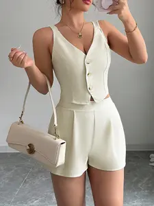 Women's Front Button Vest Top High Waist Shorts Set, Sleeveless Slim Fit Summer, 2 Piece Casual Fashion Womenswear