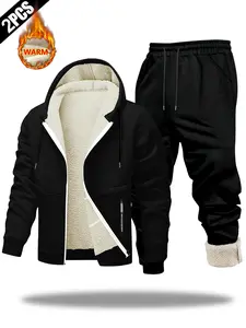 Men's Fleece Lined Hoodie Jacket & Drawstring Pants Set, Soft Comfortable Winter, Casual Fashion for Cold Weather Daily Wear