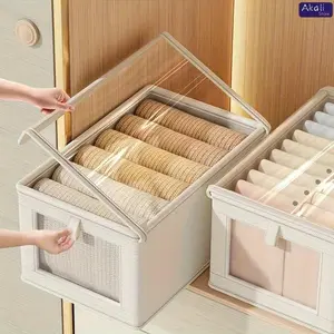 Akali Foldable Clothes Storage Box Canvas with Transparent Window Beige Dustproof Lid Organiser for Jewelry Snack Makeup Container Household