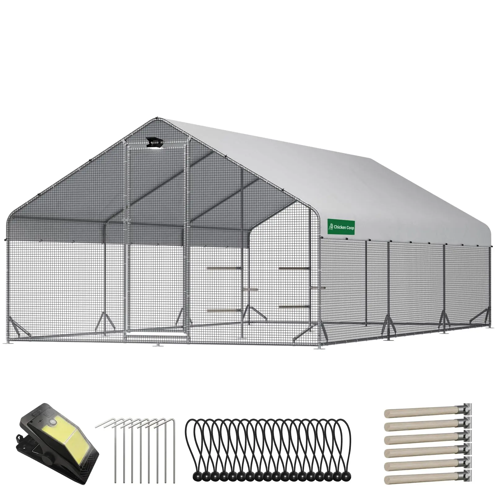 CHIKENCOOP Large Walk-in Metal Chicken Coop with Chicken Run & Hardware Cloth, Solar Light, Waterproof & UV-Resistant Cover, Outdoor Poultry Cage for Farm Use, 3 Room