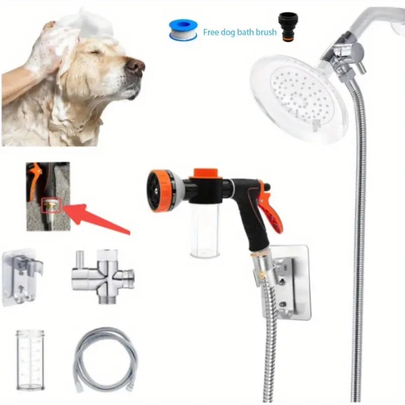 Pet Dog Wash Sprayer with Soap Dispenser - 6.6ft Hose Nozzle, 10 Spray Patterns, 3/4'' Male x 1/2'' NPT Male Metal Connector, Hands-Free Wash Grooming Supplies for Pet Bathing, Car Washing Home Improvement Building Supply, Ten