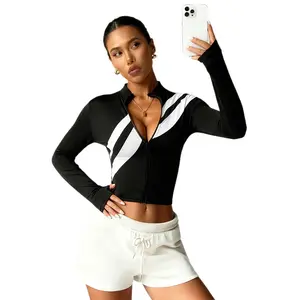 Black and White Striped Zip Up Long Sleeve Top Stand Collar Cropped Fitness Yoga Jacket Women Color Block Striped Zip Front Slim Fitted Long Sleeve Crop Athletic Activewear Top