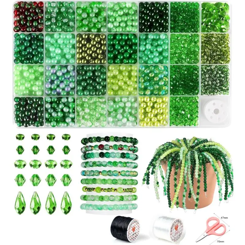1600Pcs 6mm Faceted Green Round Glass Seed Beads DIY Craft Kit, Includes Pink Scissors, Black & White Elastic Bracelet Strings, Bulk Crystal Beads for Beaded Plants, Bracelets Earrings Necklaces Resin Jewelry Making Supplies