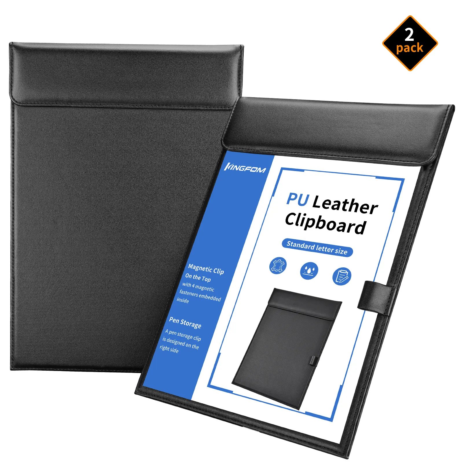 KINGFOM PU Leather Hardboard Office Clipboard, Magnetic Clip A4 Letter Size Clip Boards with Pen Holder for Nurses, Students, Teacher Black 2 Pack