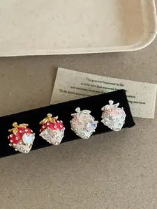 Exquisite and small diamond-inlaid oil-droplet strawberry heart zircon stud earrings for women, designed with a sense of style, sweet and fashionable earrings, Heart Shaped Earrings, Stud Earrings Jewelry