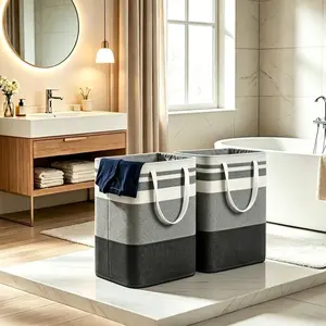 2-Pack Large Waterproof Polyethylene Laundry Baskets, Freestanding Collapsible Hampers with Reinforced Handles for Laundry Room, College Dorm (Grey, 75L Each)