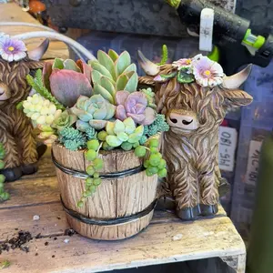 Highland Cattle Succulent Design with Wooden Bucket Planter and Floral Crown for Rustic Home Decor