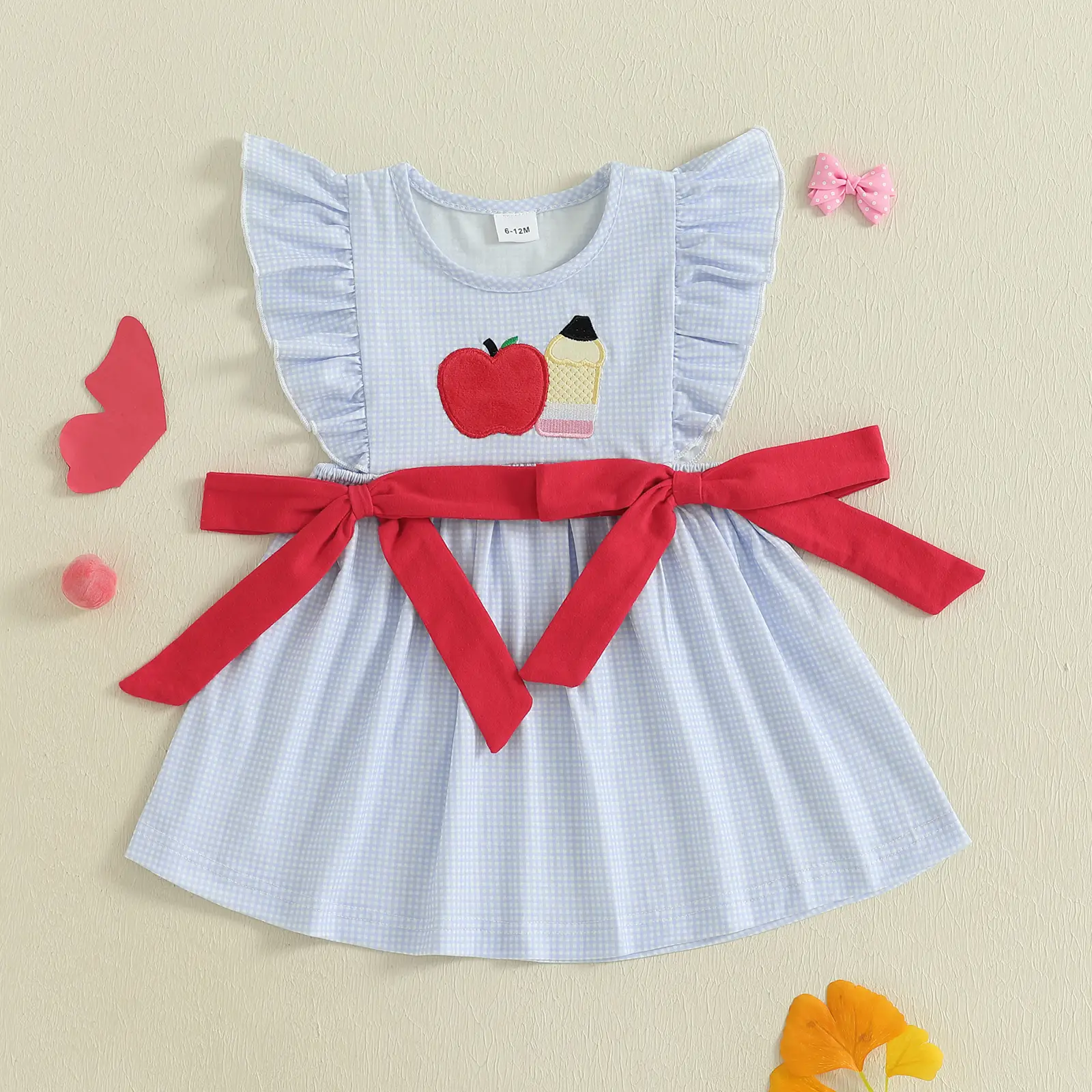 Little Girls Back to School Dress Apple Embroidery Flutter Sleeve Dresses Toddler Kids First Day of School Outfits