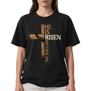 He Is Risen Christian T-Shirt, Religious Cross Design, Matthew 28:6 Bible Verse, Inspirational Jesus Apparel, Faith-Based Graphic Tee, Easter Shirt, Unisex Cotton Shirt for Men and Women