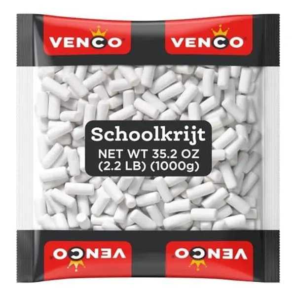 Venco Schoolkrijt Licorice Chalk Candy - School Chalk Original Dutch Licorice Candy from Netherlands - White Crunchy Mint Coated Liquorice Sticks with Soft Sweet Anise Filling - Bulk 2.2 lbs Bag