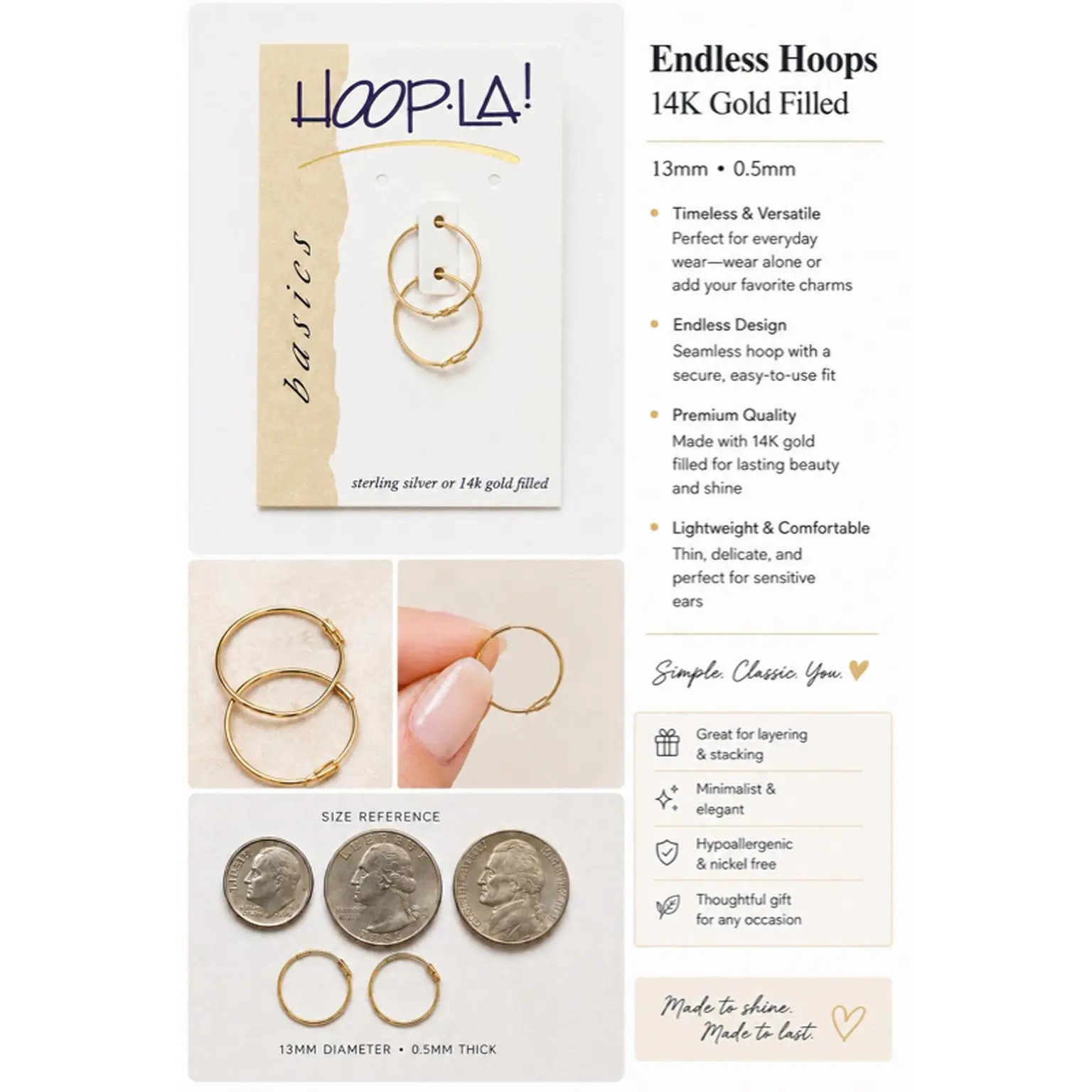 Hoop.LA Endless Hoops 14K Gold Filled 13mm Diameter 0.5mm Thick Timeless Versatile Design for Everyday Wear