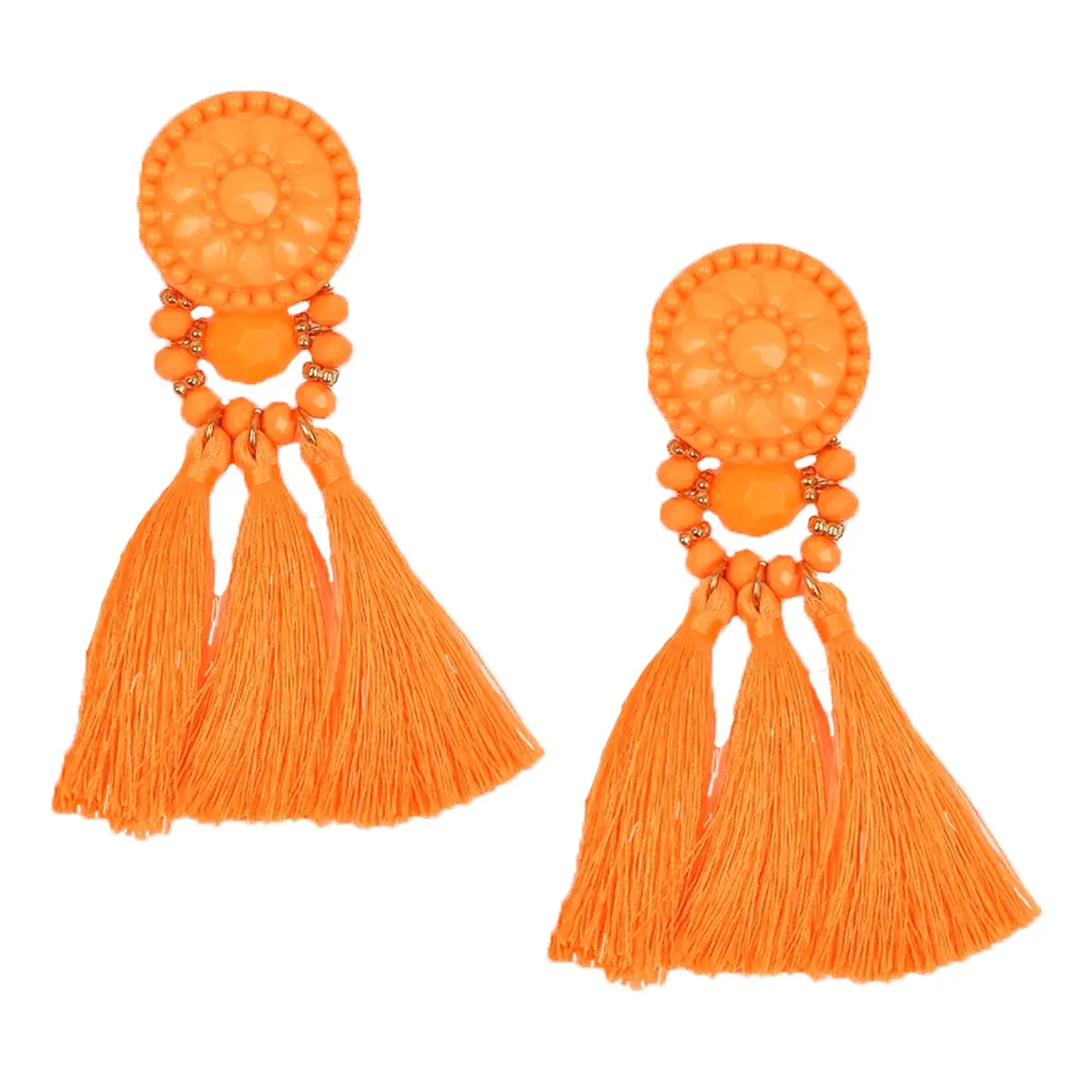Bagtique Jewelry Collection Calysta Beaded Tassel Drop Earrings for Female - Bright Orange, 1 inch Width, 4.25 inches Length, Elegant Imported Craft, Post Closure, Beads