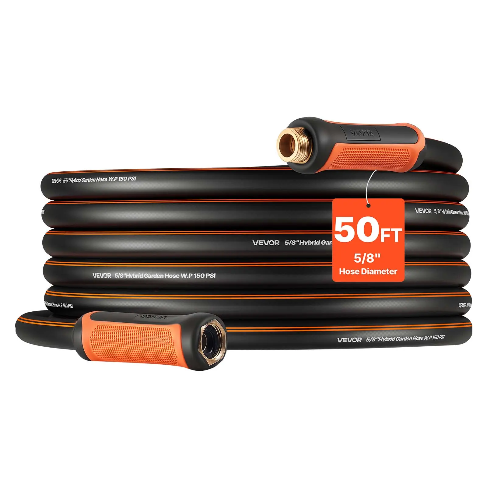 【SummerFinds】VEVOR Garden Hose, 50 ft 5/8" Heavy Duty 4-Layer Rubber Water Hose, 150PSI Working & 600PSI Burst, Flexible & Non-kink Outdoor Waterhose with 3/4" Fitting, Lightweight Hoses for Gardening Cleaning