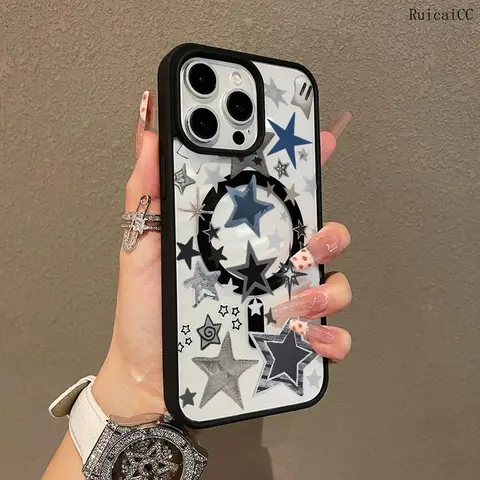 Premium Magnetic MagSafe-Ready iPhone Casing for 11/12/13/14/15/16/17 Air/18 Pro Max - Black 5-Pointed Star Collage Y2K Aesthetic Cover, Anti-Drop, Ultra-Thin, Resistance, Women's Phone Accessory for Everyday Use