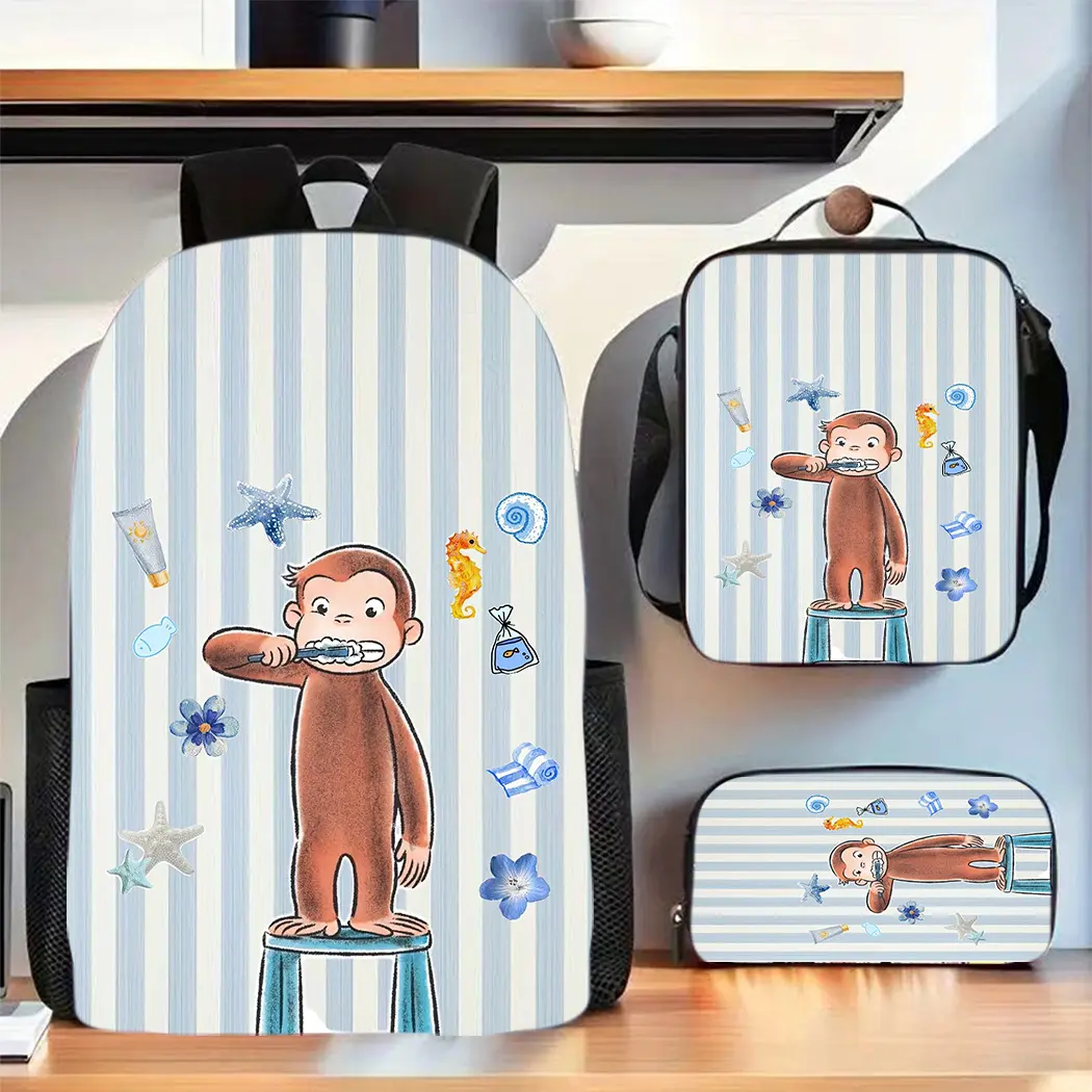 3-piece set of lively monkey-themed large-capacity Oxford cloth travel bag, with laptop compartment, unisex school backpack, includes pencil case and crossbody bag, hand washable - Unisex daily commuter bag, multifunctional storage bag, neutral backpack,