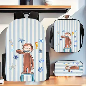 3-piece set of lively monkey-themed large-capacity Oxford cloth travel bag, with laptop compartment, unisex school backpack, includes pencil case and crossbody bag, hand washable - Unisex daily commuter bag, multifunctional storage bag, neutral backpack,
